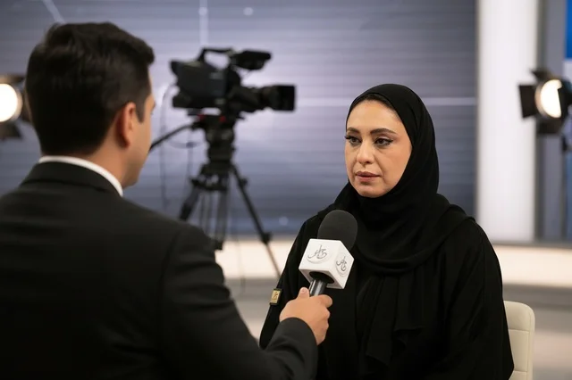 امرأة سعودية بالعباءة في مقابلة إعلامية باستوديو تلفزيوني