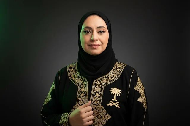 Saudi Woman in Traditional Embroidered Abaya Studio Portrait