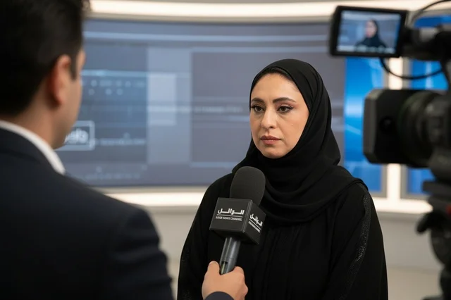 سيدة إماراتية بالعباءة في مقابلة إعلامية باستوديو تلفزيوني