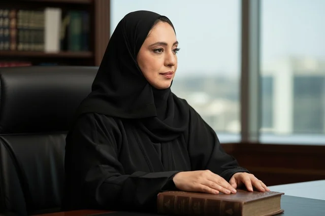 سيدة أعمال سعودية بالعباءة السوداء في مكتب العمل