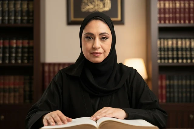 امرأة سعودية بمهنة قانونية في مكتبة مع كتاب مفتوح