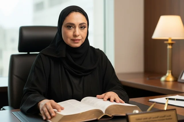 سيدة أعمال إماراتية بالعباءة تقرأ على مكتب العمل