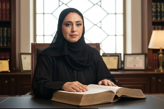 Emirati Female Lawyer with Law Book in Office