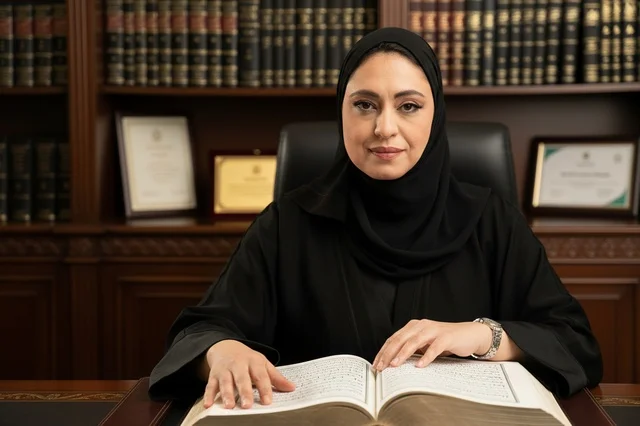 محامية إماراتية بزي العمل في مكتبة قانونية احترافية
