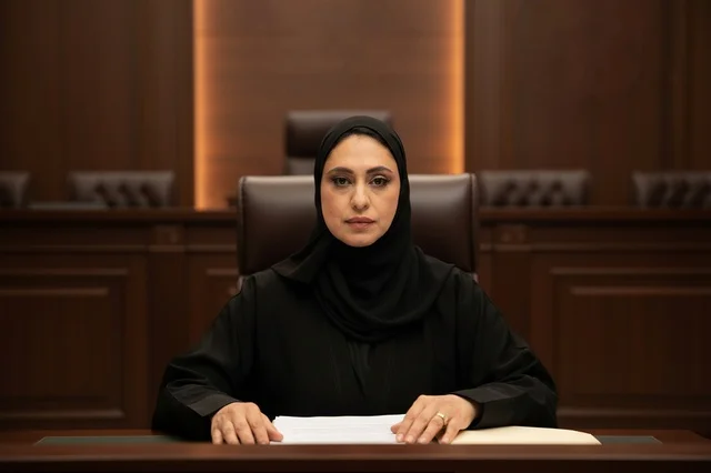 قاضية عربية في قاعة محكمة رسمية بالعباءة