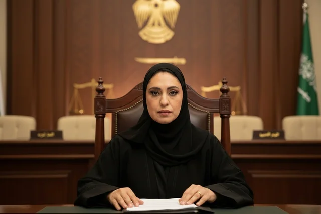 Saudi Female Judge in Courtroom with National Flag Saudi Female Judge in Courtroom with National Flag