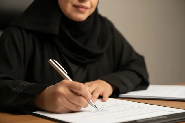 سيدة أعمال سعودية توقع وثيقة قانونية في المكتب