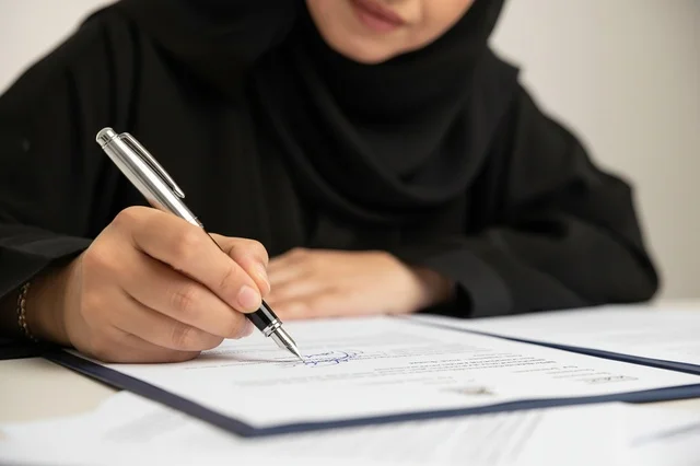 امرأة سعودية توقع عقد عمل لقطة قريبة