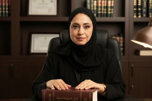 محامية إماراتية في مكتبها مع كتاب القانون