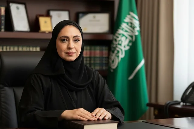 سيدة أعمال سعودية بالعباءة في مكتب مع العلم