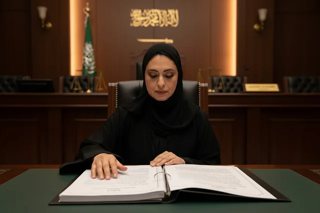 قاضية سعودية في قاعة المحكمة مع وثائق قانونية