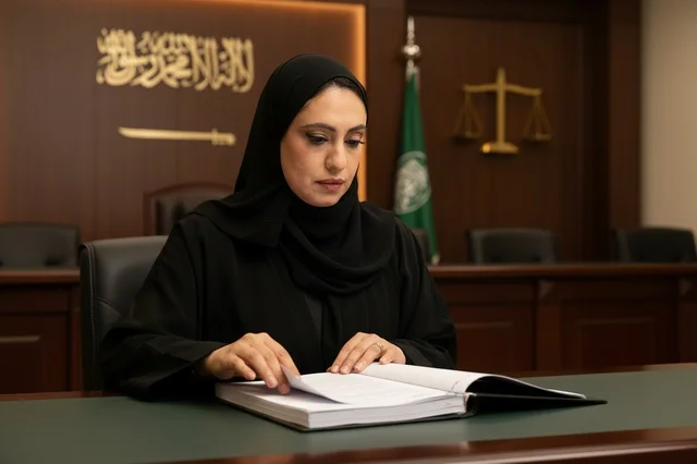 قاضية سعودية في قاعة المحكمة تراجع ملفات قانونية