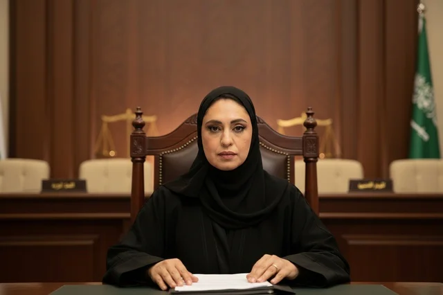 قاضية سعودية في قاعة المحكمة مع العلم الوطني