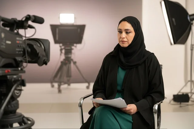 إعلامية عربية في استوديو تلفزيوني بالعباءة السوداء