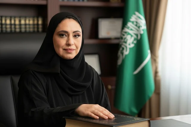 Saudi Female Official in Abaya with Saudi Flag