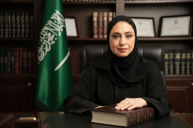 محامية سعودية بزي العمل في مكتب قانوني مع العلم