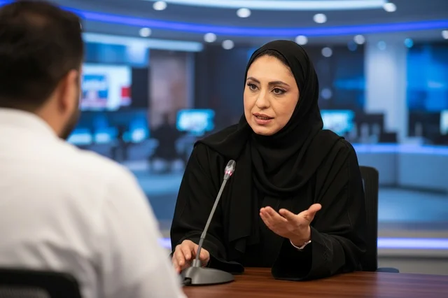 Emirati Woman in Abaya Giving Interview in News Studio