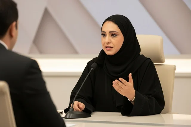 Emirati Businesswoman in Abaya Speaking at Meeting