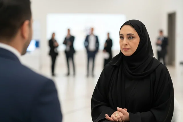 سيدة أعمال إماراتية بالعباءة السوداء خلال اجتماع عمل