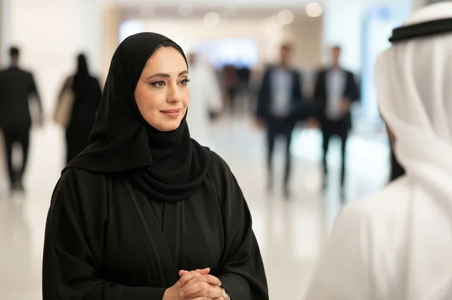 سيدة أعمال إماراتية بالعباءة في ردهة مكتب