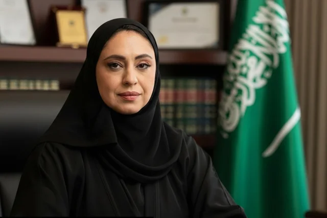 Professional Saudi Woman in Office with National Flag