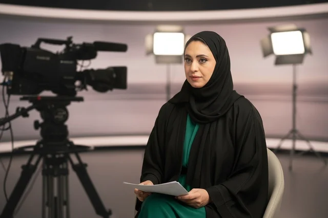 مذيعة أخبار سعودية في استوديو تلفزيوني