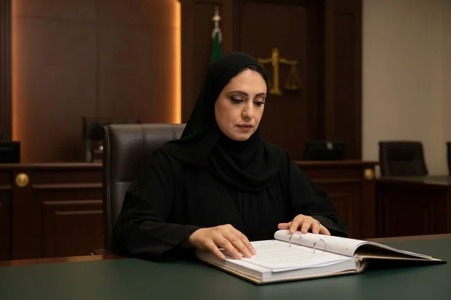 قاضية سعودية تراجع ملف قانوني في قاعة المحكمة