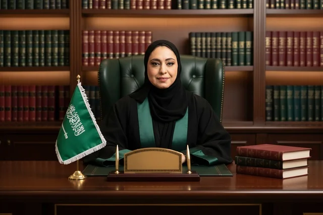 قاضية سعودية في مكتب قانوني مع العلم السعودي