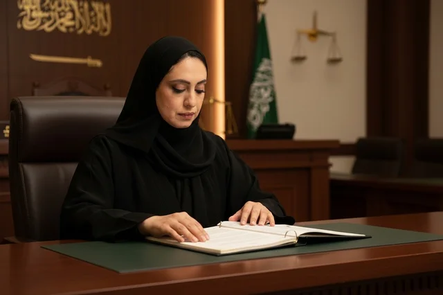 Saudi Female Judge in Black Abaya at Judicial Desk