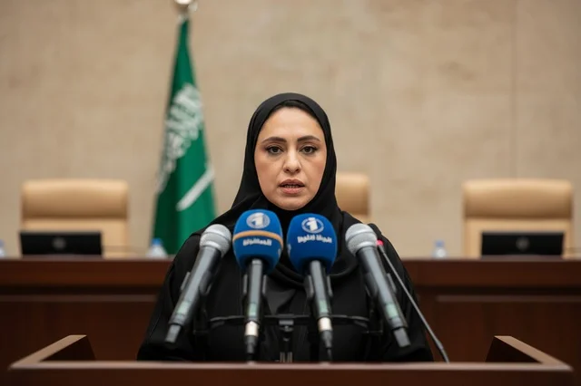 امرأة سعودية تتحدث في مؤتمر صحفي رسمي