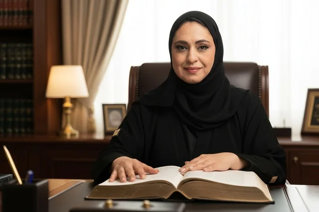 محامية سعودية في المكتب مع كتاب قانون مفتوح