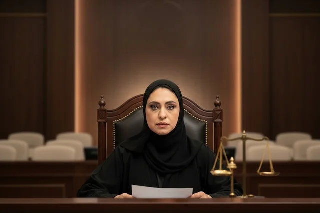 قاضية عربية في قاعة المحكمة مع ميزان العدل