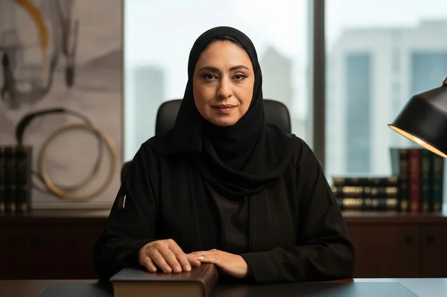 Emirati Businesswoman in Abaya Sitting at Office Desk
