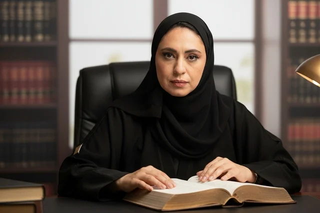 Emirati Female Lawyer Reading Legal Book in Office