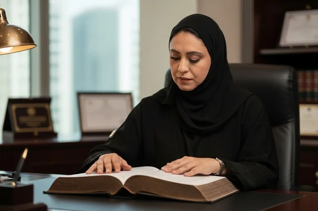 محامية إماراتية تقرأ كتاب القانون في مكتبها محامية إماراتية تقرأ كتاب القانون في مكتبها