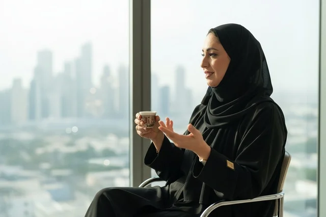 Emirati Woman in Abaya with Coffee and City View