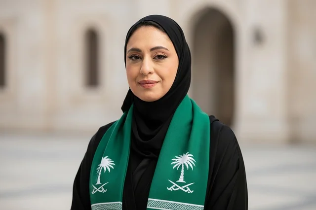 Saudi Woman in Traditional Abaya and National Scarf