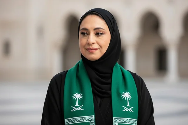 امرأة سعودية بالعباءة والوشاح الوطني السعودي