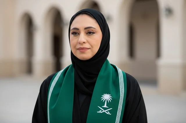 Saudi Woman in Abaya and National Scarf Outdoor