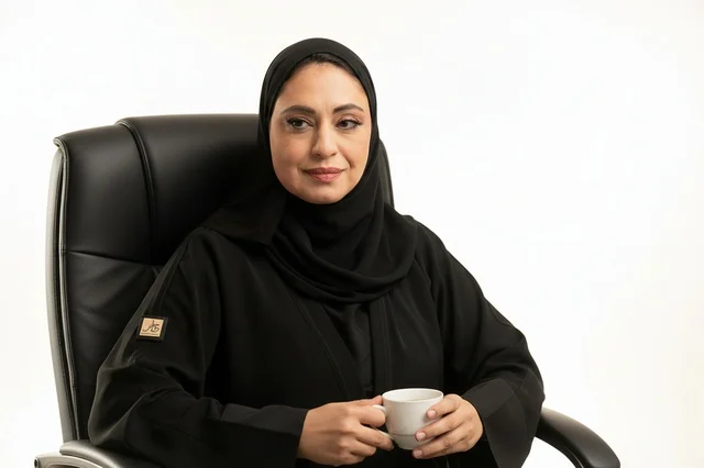 سيدة أعمال إماراتية بالعباءة السوداء تحمل فنجان قهوة