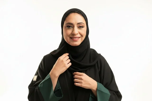 امرأة إماراتية بالعباءة السوداء على خلفية بيضاء