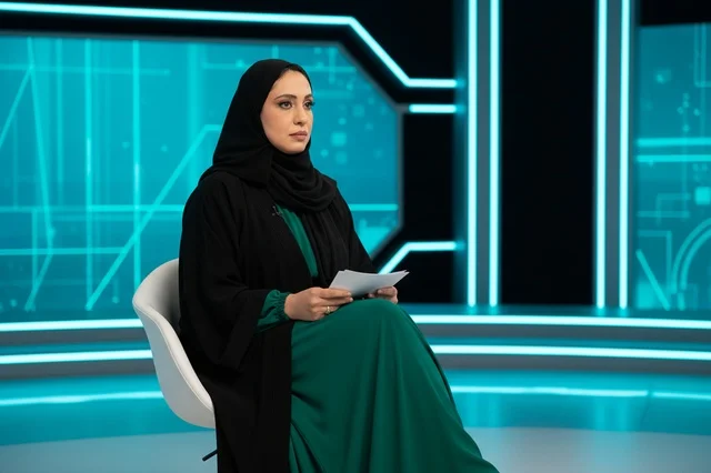 مذيعة أخبار إماراتية في استوديو تلفزيوني