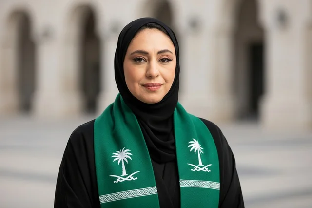 Saudi Woman in National Day Scarf and Abaya