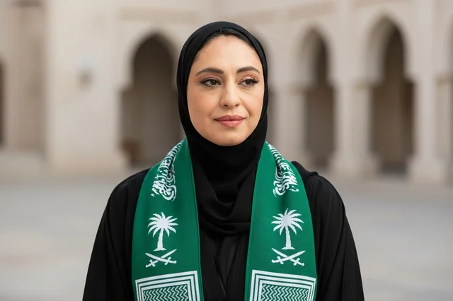 Saudi Woman Wearing Abaya and Green National Scarf Outdoors