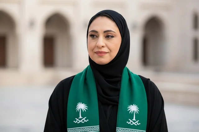 Saudi Woman in Traditional Abaya and National Scarf