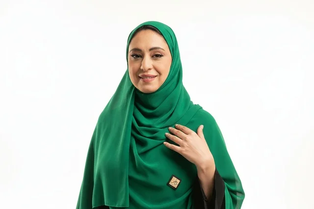 امرأة سعودية بالحجاب الأخضر على خلفية بيضاء