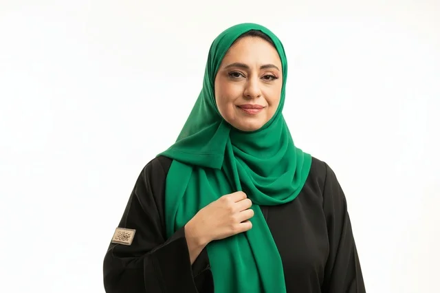 A Saudi woman in a green hijab against a white background.