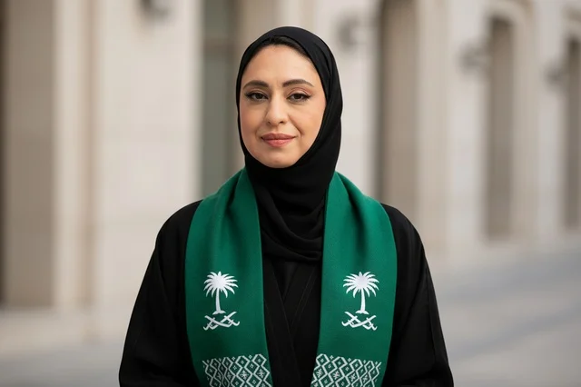Saudi Woman Wearing National Scarf and Traditional Abaya