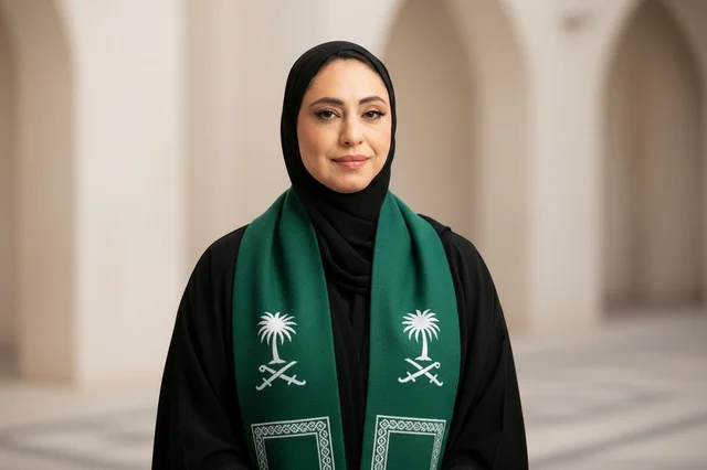 Saudi Woman in Abaya with National Emblem Sash