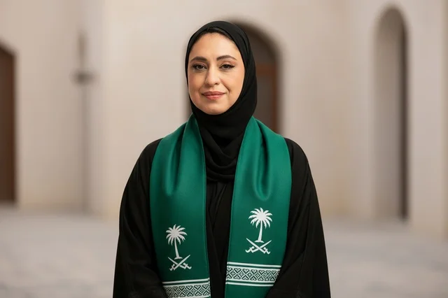 Saudi Woman in Black Abaya and National Scarf